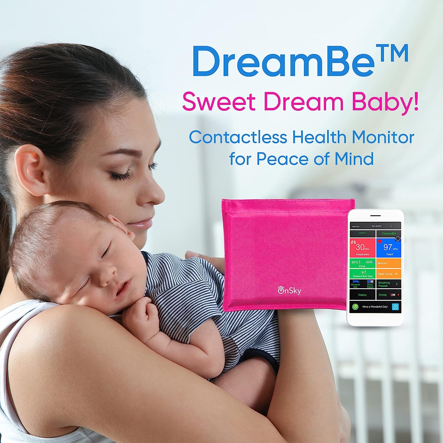DreamBe-1 Pink by OnSky Contactless Smart Baby Breathing Monitor, Realtime Heart Rate and Sleep Tracker–Monitor Baby Anywhere, Anytime –WiFi, Motion and Crying Notifications, Room Temp -Urgency Alert - Image 5